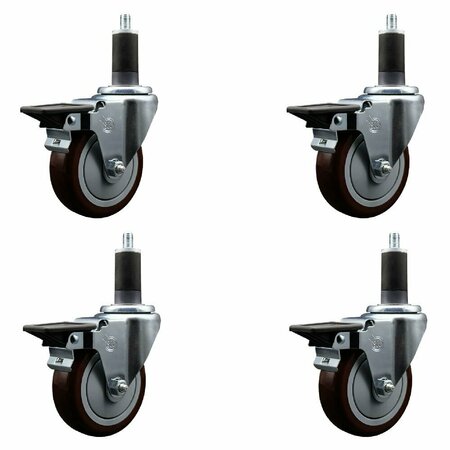 SERVICE CASTER 4'' Maroon Poly Swivel 1-1/4'' Expanding Stem Caster Set with Brake, 4PK SCC-EX20S414-PPUB-MRN-PLB-114-4